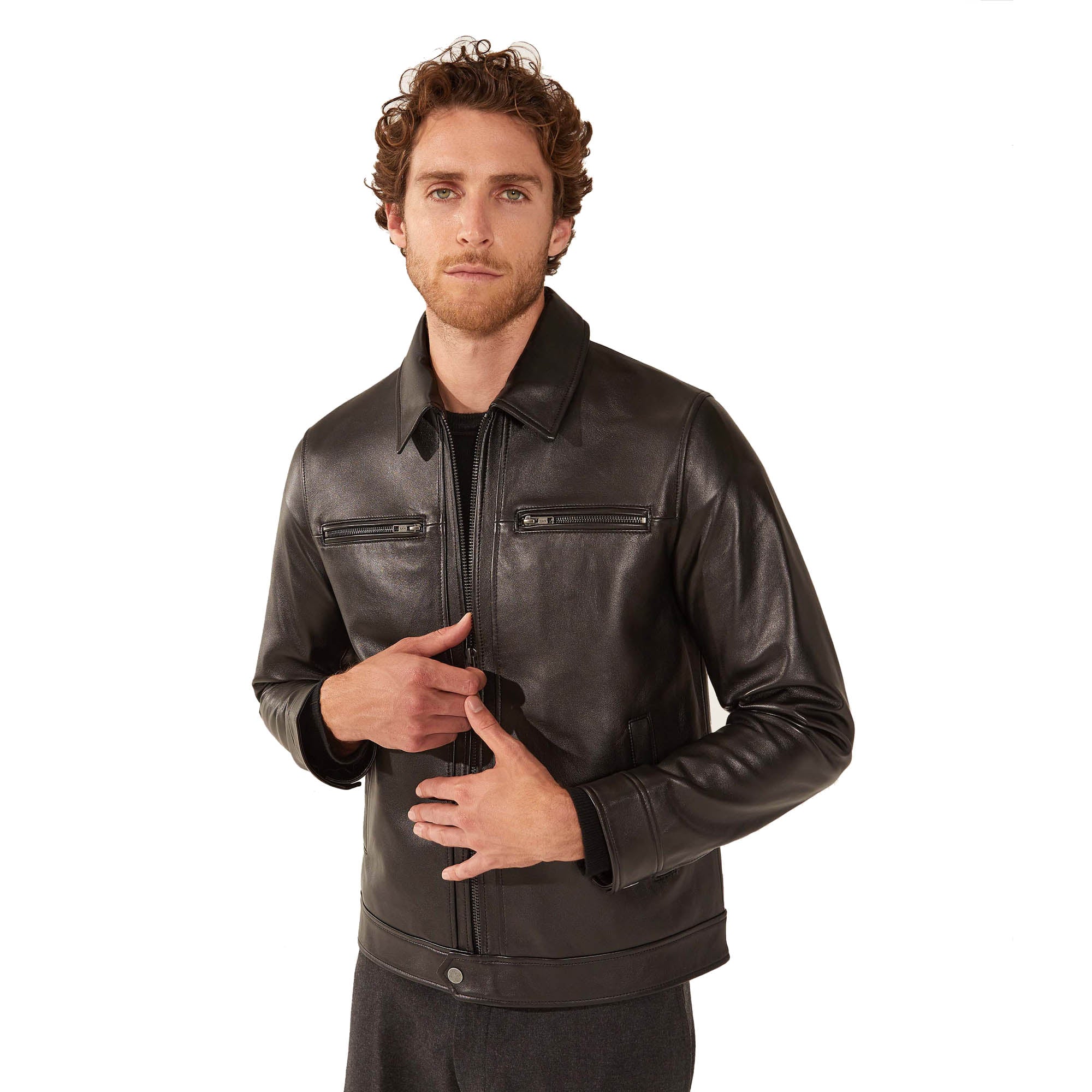 Santino Collared Zip Lambskin Leather Jacket - Image 9